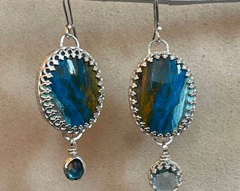 Turquoise Dangle Earrings / Blue Topaz / Emerald/ Sterling Silver / Mismatched Earrings / Asymmetrical Earrings Set / Artisan Silver /