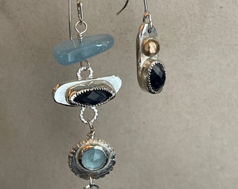 Aquamarine Earrings / Blue Sapphire/ Mismatched Earrings / Artisan Silver / Sterling Silver / 14K Gold / Asymmetrical / Genuine Gemstone