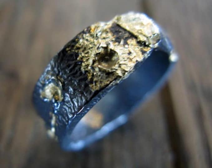 Unique Mens Ring Mens Wedding Band Mens Wedding Ring Oxidized Silver and 18K Yellow Gold Handmade Ring Textured Distressed Molten OOAK 8mm