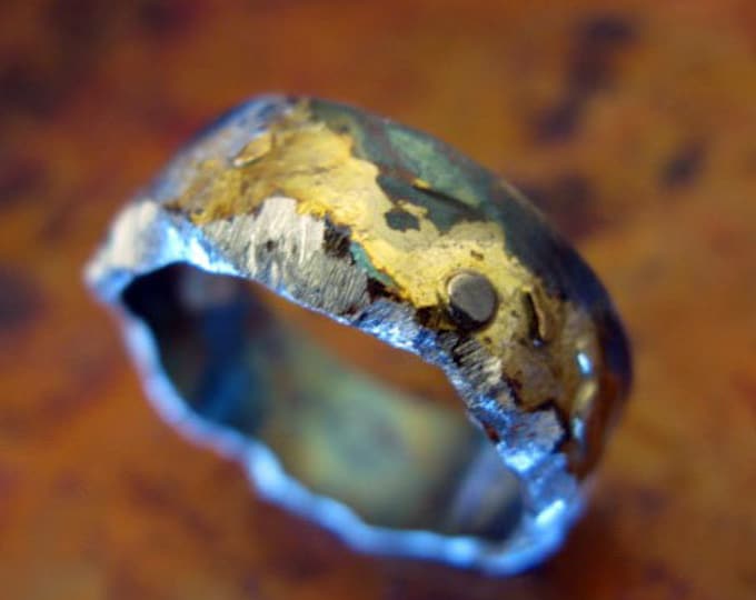 Handmade Ring, Landscape Design, 8mm, Moonscape, Silver and Gold, Textured, OOAK