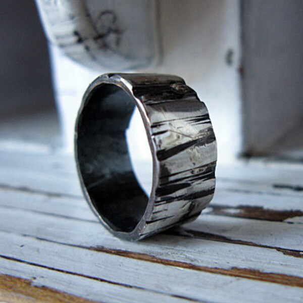 Mens Wedding Band Fine Silver and 14k White Gold Bark Texture 8-9mm Width Hot Rox Wedding Ring or Commitment Ring
