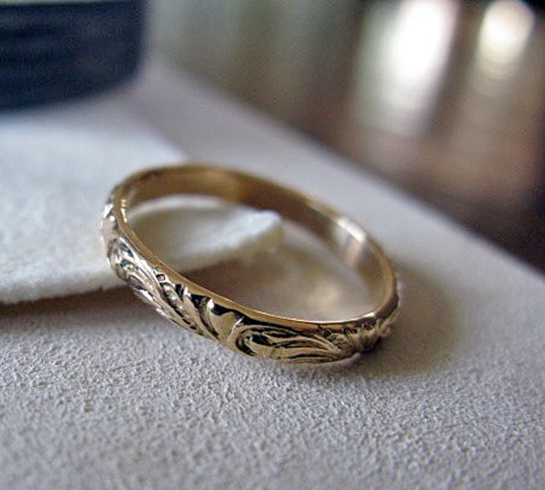14K Yellow Gold Size 6 Vintage Wedding Band Wedding Ring 3mm Gold Band Eternity Carved Floral Ring Anniversary Antique Gold Ring Vintage