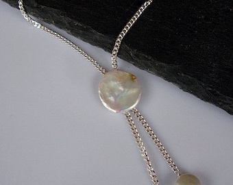 Pearl Lariat Pearl Necklace Pearl Pendant Modern Pearl Y Necklace Coin Pearl Silver Y Necklace Modern Pearls White Pearls Drop Pearls Bridal
