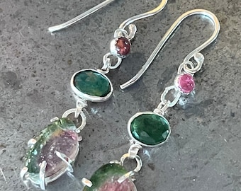 Watermelon Tourmaline Earrings - Sterling Silver - Green Tourmaline- Pink Tourmaline - Handmade - Asymmetrical - Mismatched Earrings Set