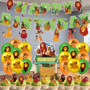 Decoración para fiesta de cumpleaños del Rey León: pancarta, globos, adornos para tartas y cupcakes, decoración de cumpleaños para amantes de Simba, artículos para fiestas de dibujos animados.