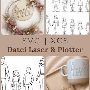 May include: A collage of laser-cut family-themed designs. Includes a wooden family portrait on a wreath, line drawings of people, and a mug with a family illustration. The text "SVG | XCS Datei Laser & Plotter" is also visible.