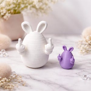Könnte beinhalten: Zwei eiförmige Figuren mit Hasenohren und Händen, die den Mittelfinger zeigen. Eine ist weiß, die andere lila. Die weiße Figur ist größer als die lila. Der Hintergrund umfasst Blumen und eine Marmoroberfläche.