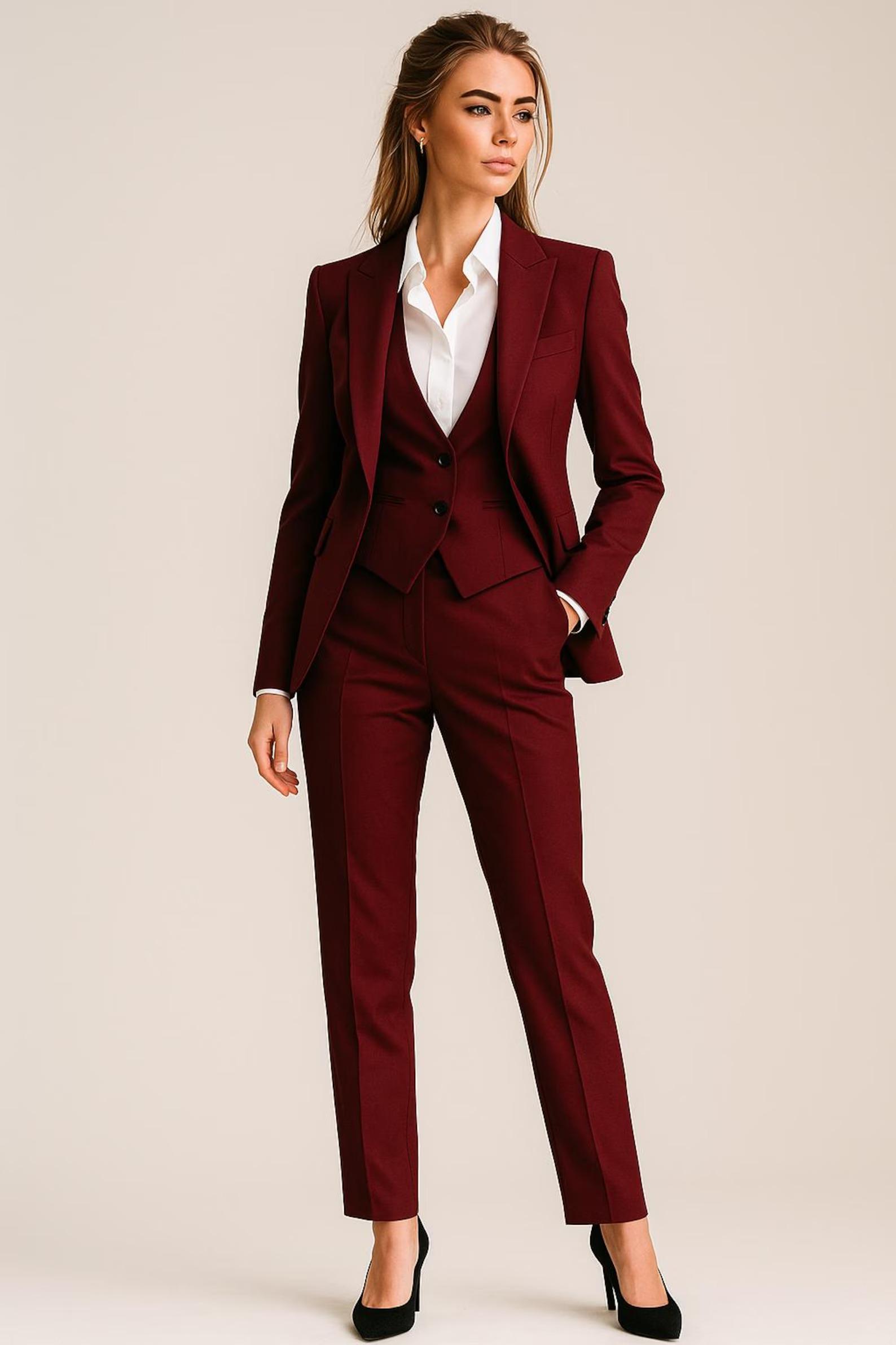 Women's Maroon 3-Piece Suit – Tailored Blazer with Vest and Trousers – Formal Business Outfit Wedding Guest Power Suit