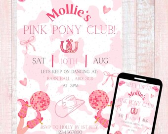 Invitaciones de cumpleaños del club de ponis rosa/vaquera