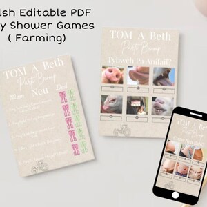May include: Baby shower games with a farming theme. The image shows two printed cards and a smartphone displaying a game. The cards have text in Welsh and English. The smartphone shows a game with images of pregnant bellies.