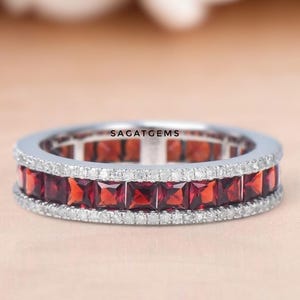 Garnet Princess Wedding Band, Dainty Diamond Bridesmaid Jewelry, January Birthstone Full Eternity Garnet Anniversary Band, Gift For Love