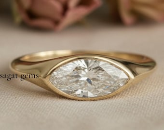 Bezel Set 1.5ct East-West Marquise Moissanite Ring, 14K-Solid Gold Solitaire Diamond Wedding-Ring, Promise Ring