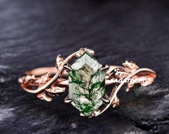 Anillo de ágata musgosa de oro macizo de 14 k, solitario de hoja natural con gema curativa verde, anillo fino de promesa para mujer.