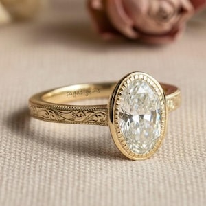 Bezel Set 2.50 Ct Oval Cut Moissanite Engagement Ring, 14k Gold Diamond Solitaire Ring, Milgrain Ring