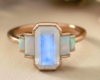 Emerald Cut Moonstone Ring 14k Solid Gold Engagement Ring Side Baguette Cut Opal Ring Bezel Set Ring Vintage Bridal Wedding Anniversary Ring