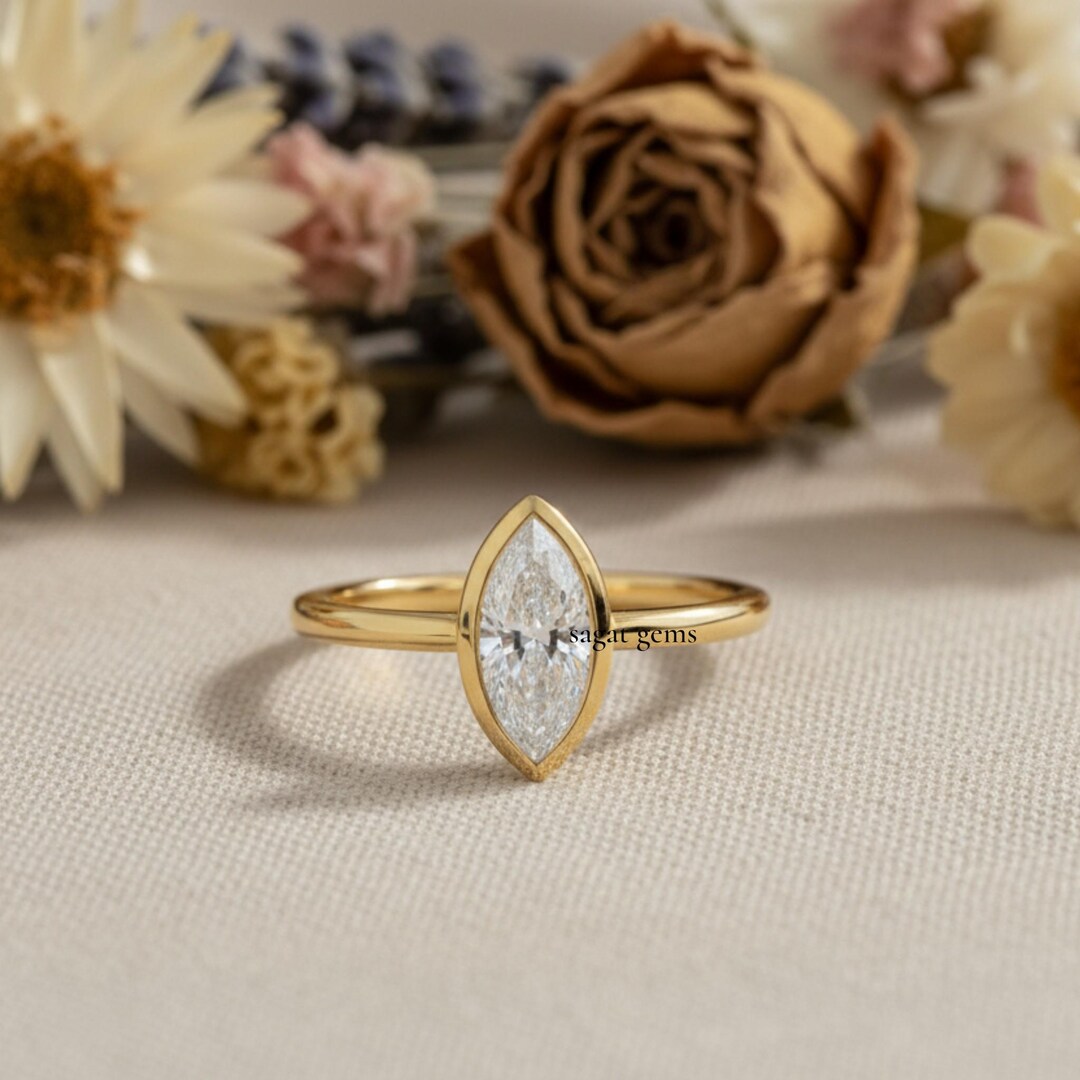 2 CT Marquise Cut Moissanite Engagement Ring - 14k Yellow Gold Bezel ...
