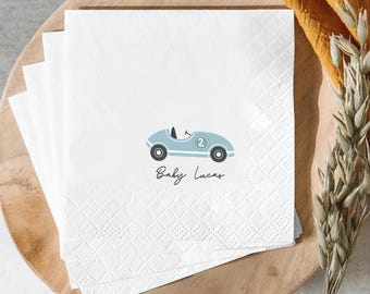 Personalized Race Car Baby Shower Napkins, Custom Baby Name Guest Towels, Vintage Car Cocktail Beverage Napkins, Baby Party Favor