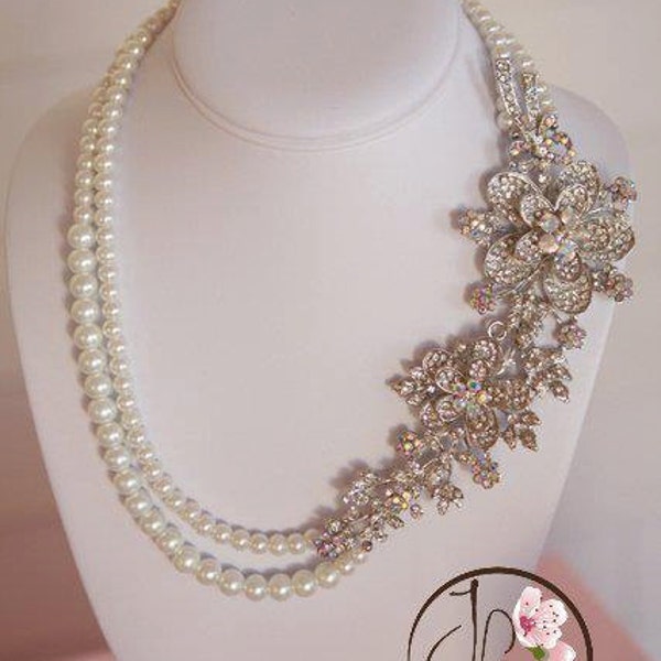 Bridal Statement Necklace, Rhinestone Pearl Necklace, Wedding Necklace, Bridal Necklace, Swarovski Crystal Necklace - 10%off