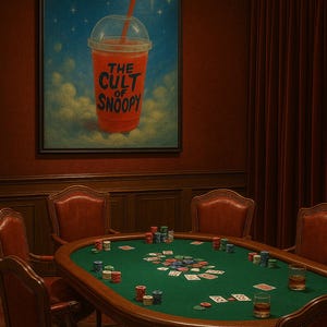 May include: A room with a poker table and a framed artwork. The artwork features a red drink cup with the text "THE CULT OF SNOOPY". The poker table has a green felt surface, poker chips, and playing cards. Leather chairs surround the table.