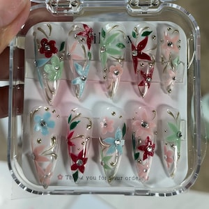 May include: A set of ten stiletto-shaped press-on nails in a clear plastic case. Each nail features a transparent base with hand-painted floral designs in red, pink, light blue, and green, accented with gold swirls and small silver rhinestones.