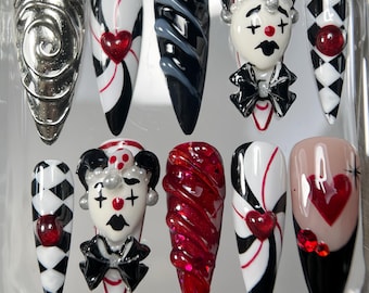 Creepy Clown Press On Nails: Gothic 3D Harlequin Stiletto - Halloween