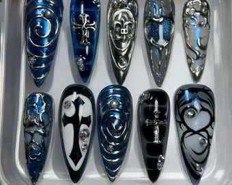 Gothic Chrome Press On Nails: 3D Silver, Navy Blue, Stiletto
