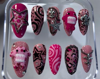 3D Y2K Press-On Nails Pink | Goth Design | Long Almond Nails