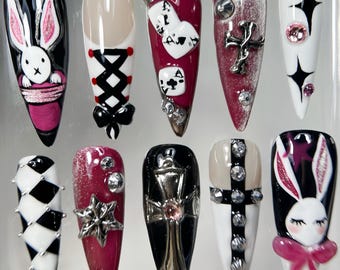 Handmade Chrome Stiletto Press On Nails: Rabbit & Rhinestone Design
