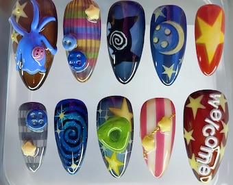 Coraline Press On Nails: 3D Star & Button Cosplay Nail Art