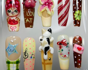 Kawaii 3D Cat Nail Art | Handmade Press On Nails with Holiday & Floral Designs