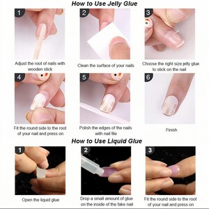 May include: Step-by-step guide on how to apply false nails using jelly glue and liquid glue. Instructions include nail preparation, glue application, and nail fitting. The image shows hands and nails with text instructions.