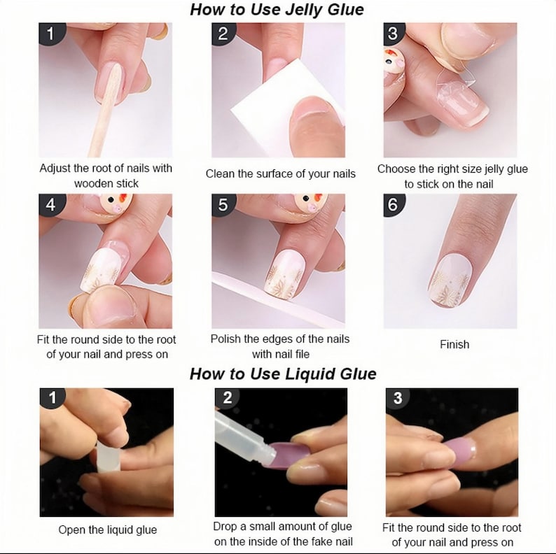 May include: Step-by-step guide on how to apply false nails using jelly glue and liquid glue. Instructions include nail preparation, glue application, and nail fitting. The image shows hands and nails with text instructions.