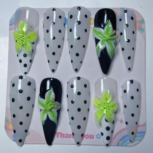 Neon Green 3D Flower Press-On Nails: Black Polka Dot Stiletto Set