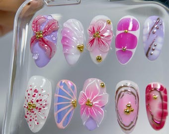 Uñas postizas con estampado floral 3D / Detalle de mariposa, Uñas de gelatina cromadas estilo kawaii