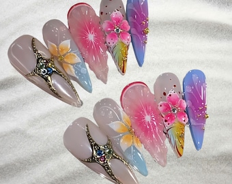 3D Floral Press On Nails: Long Almond Stiletto, Summer Ombré