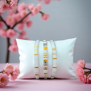 Set of 3 &quot;Minimalist Glow&quot; Miyuki Half Tila Bracelets in White, Gold & Clear | Stackable Jewelry
