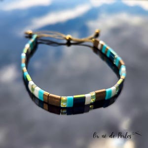 Aqua and White Miyuki Half Tila Bead Bracelet | Summer & Adjustable Jewelry