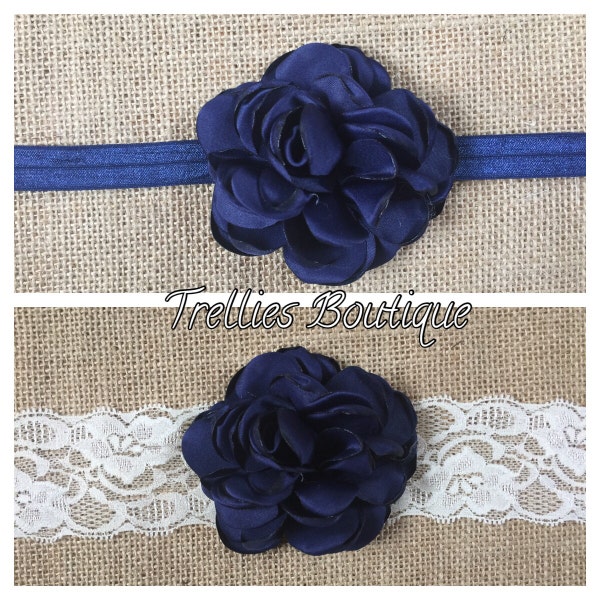 Navy Blue Satin Rosette Headband- Ivory Lace Headband- Ivory Satin Rosette Headband- Flower Girl Headband