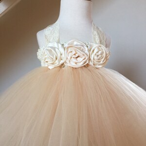 Champagne Ivory Flower Girl Satin Rosette Tutu Dress, Flower Girl Dress- Wedding Dress, Baby Girl, Toddler, Girls