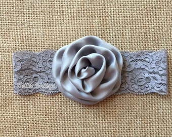 Gray Silver Lace Headband, Gray Silver Elastic Headband, Flower Girl, Wedding