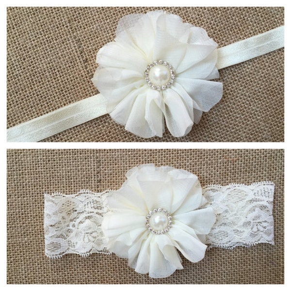 Ivory Lace Headband, Ivory Elastic Headband, Flower Girl Headband, Vintage Headband, Pearl Rhinestone Headband