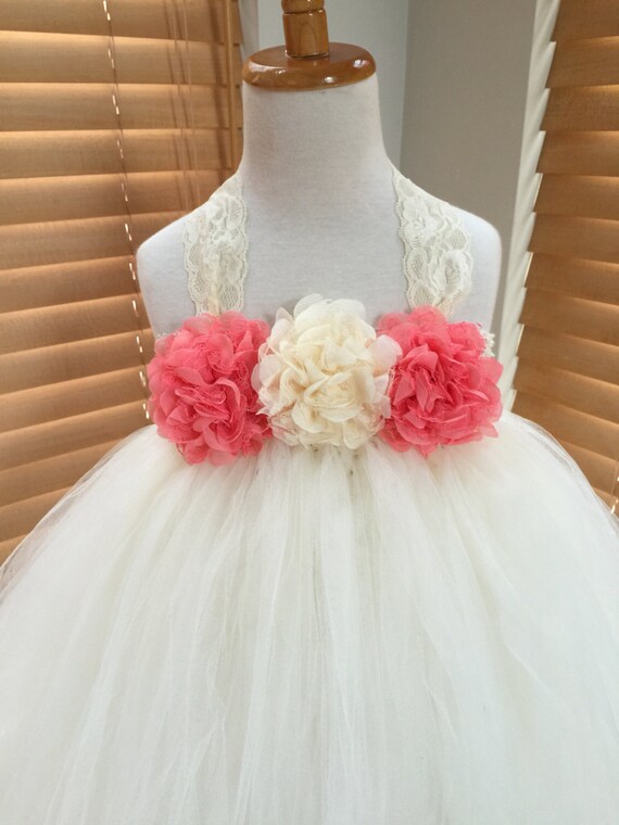 Coral Flower Girl Tutu Dress, Coral and White, Wedding, Bridal, Flower girl, baby, toddler, girls Coral Flower Girl Tutu Dress, Coral and White, Wedding, Bridal, Flower girl, baby, toddler, girls