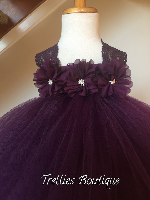 Plum Eggplant Flower Girl Satin Lace Tutu Dress, Wedding Dress, Baby Girl, Toddler, Girls