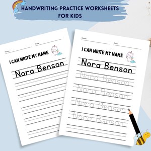 Puede incluir: Dos hojas de trabajo blancas para practicar la escritura a mano para niños con el texto "I CAN WRITE MY NAME" y el nombre "Nora Benson" impresos en ellas. Las hojas de trabajo tienen líneas para practicar la escritura a mano. Un lápiz y una abeja de dibujos animados están en la imagen.