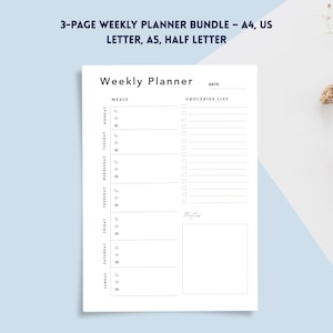 以下が含まれることがあります： ミニマリストデザインの白い週間プランナー。プランナーには、食事、食料品リスト、メモのセクションが含まれています。「Weekly Planner」の文字が上部にあり、その上に「3-PAGE WEEKLY PLANNER BUNDLE - A4, US LETTER, A5, HALF LETTER」の文字があります。