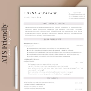 May include: A resume template with the name LORNA ALVARADO at the top. The document includes sections for a professional profile, work experience, and education. A pen is placed on the left side of the resume.