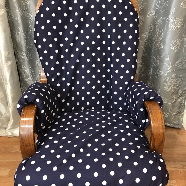 Navy with White Polka Dots-Cotton Blend- Glider Rocker Slip Cover For YOUR Glider —2nd photo shows Size of Cover