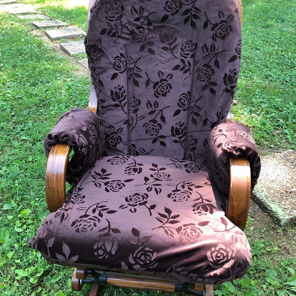 Chocolate Roses.  Cotton Blend- Glider Rocker Slip Cover For YOUR Glider Cushions plus Padded Arms-2nd photo shows Size of Cover