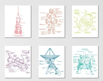 Set of 6 Space Exploration Wall Prints, Vibrant Spectrum Technical Diagrams, 8x10 Unframed Art for Science Lovers