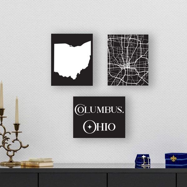 3 8x10 Columbus Ohio Wall Prints | Unframed Artwork Posters | Black And White Maps